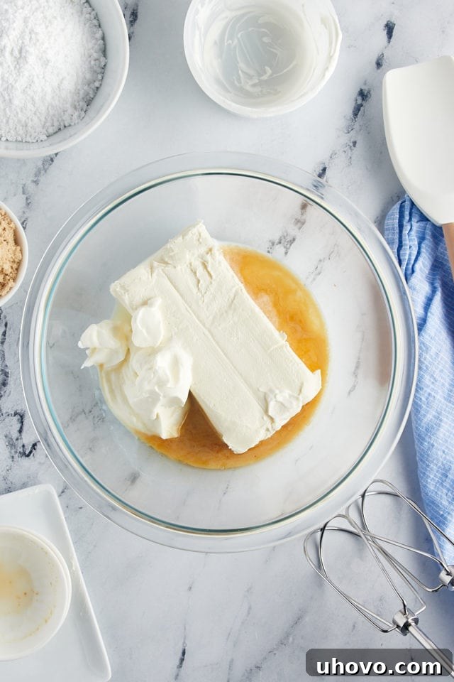 An overhead shot showing the initial wet ingredients – softened cream cheese, sour cream, milk, and vanilla extract – perfectly portioned in a large mixing bowl, ready for blending with an electric mixer.