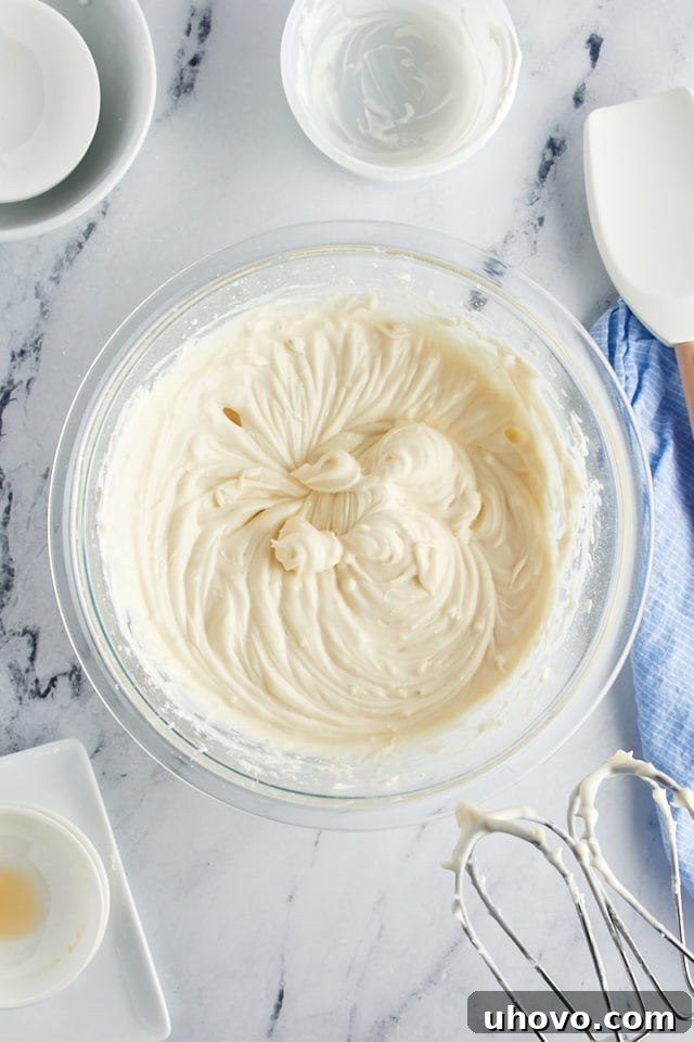 An inviting overhead view of the finished cheesecake dip in a mixing bowl, showcasing its smooth, creamy, and irresistible texture after all ingredients have been perfectly combined and blended.