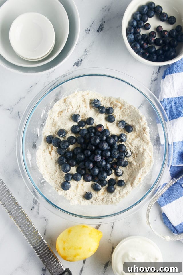 Overhead shot of fresh blueberries being added to the dry and butter mixture for blueberry scones in a glass mixing bowl.