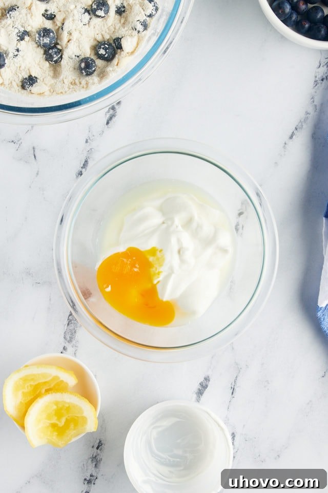 Overhead view of a small glass mixing bowl containing Greek yogurt, a single egg yolk, and freshly squeezed lemon juice, ready to be combined.