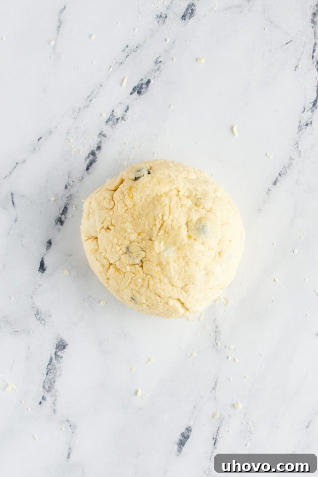 A close-up overhead shot of lightly kneaded blueberry scone dough on a marble surface, showing it just coming together to form a cohesive mass.