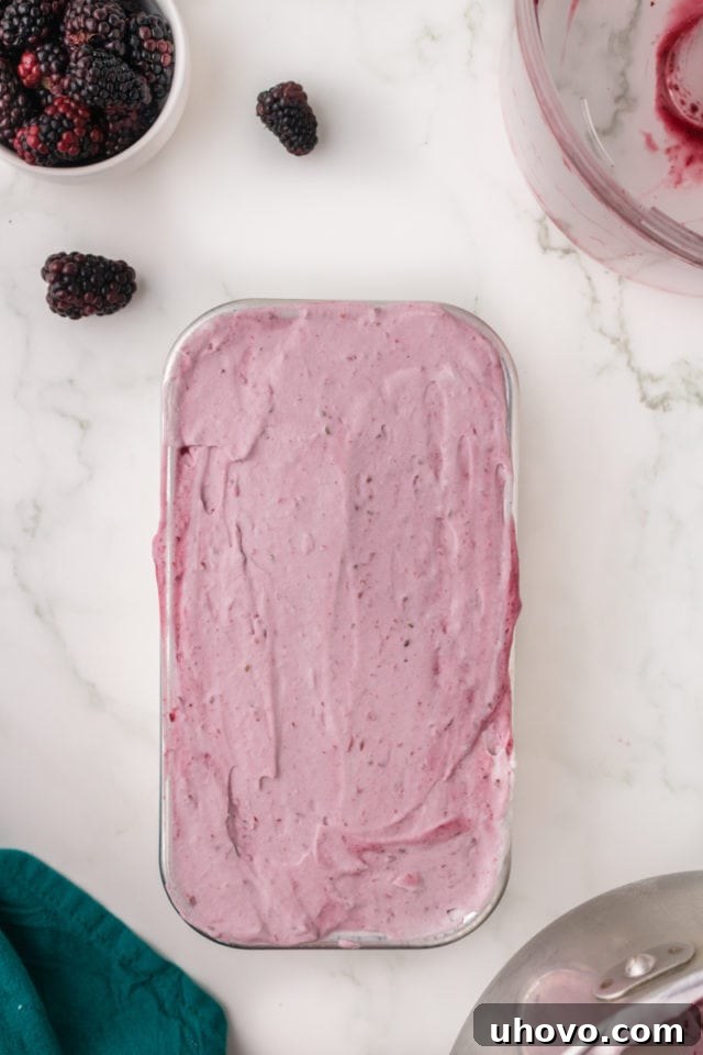 overhead view of blackberry ice cream mixture poured into a metal loaf pan, ready for freezing