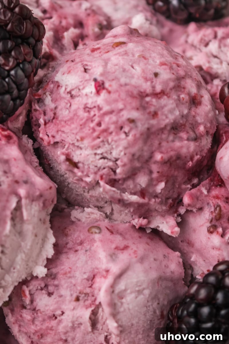 close-up of several scoops of creamy blackberry ice cream with visible fruit swirls