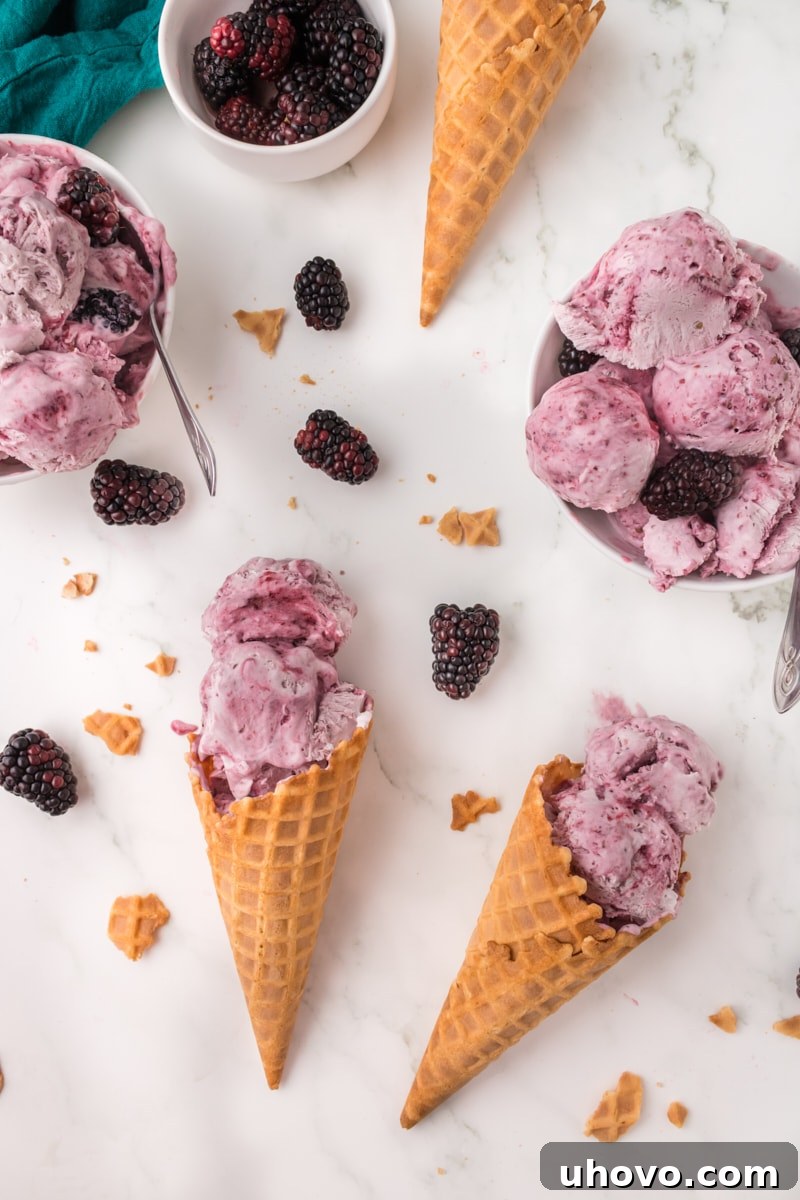 two cones and two bowls of blackberry ice cream on a marble surface, garnished with fresh berries