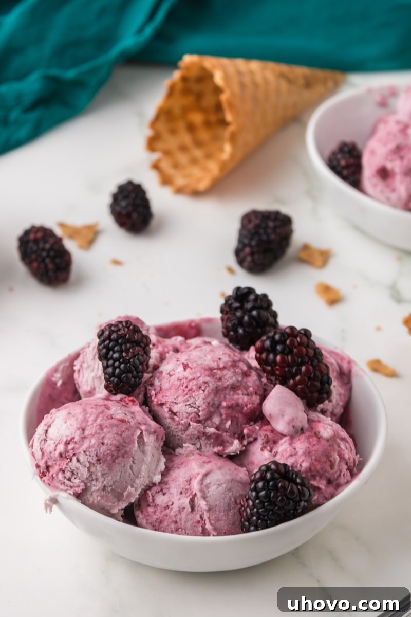a white bowl filled with blackberry ice cream and fresh blackberries for garnish