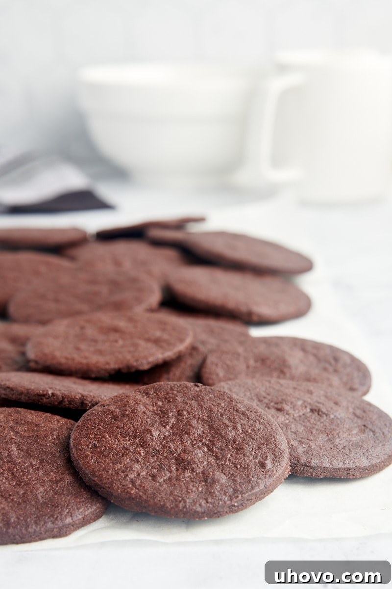 chocolate wafer cookies scattered on white parchment paper