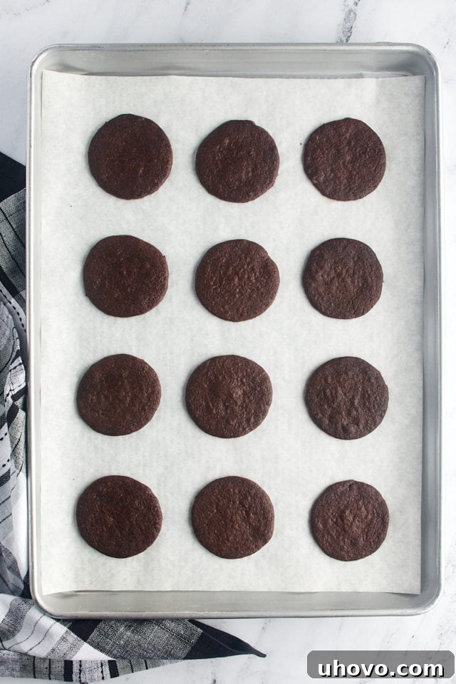 overhead view of freshly baked chocolate wafer cookies on a baking sheet