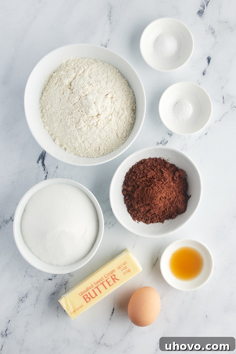overhead view of ingredients for chocolate wafer cookies