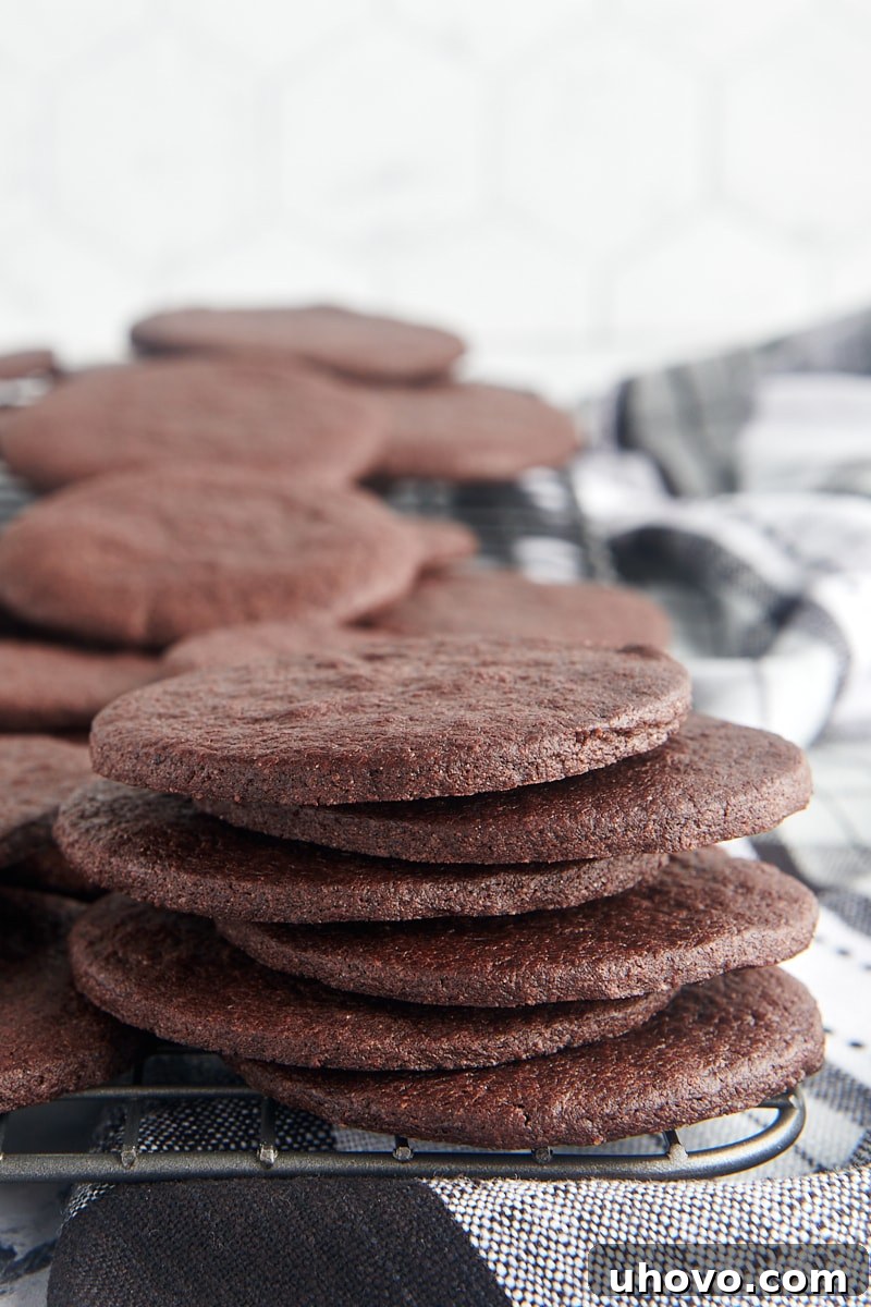 stack of six chocolate wafer cookies on a wire rack along with more cookies
