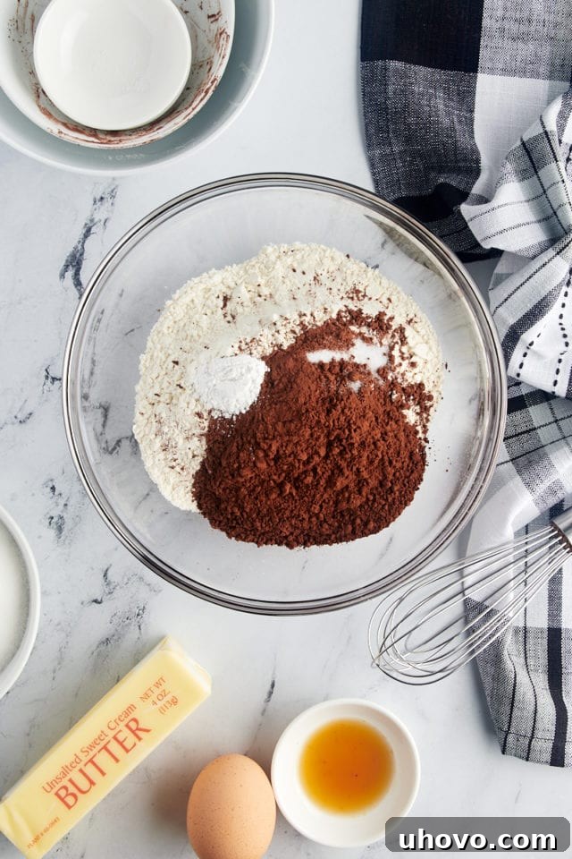 overhead view of flour, cocoa powder, baking powder, and salt in a glass mixing bowl