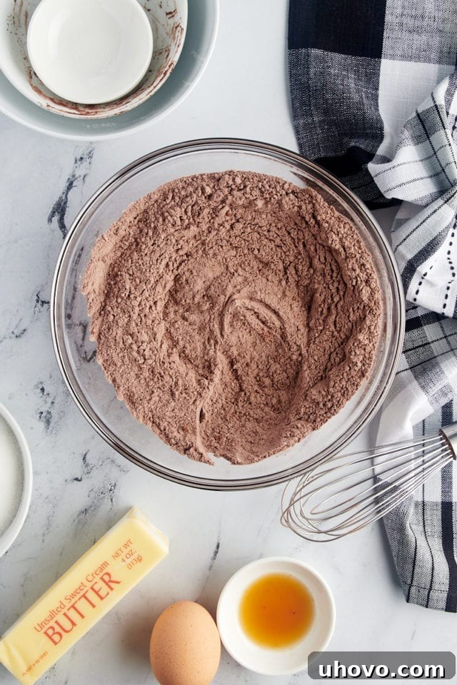 overhead view of mixed dry ingredients for chocolate wafer cookies