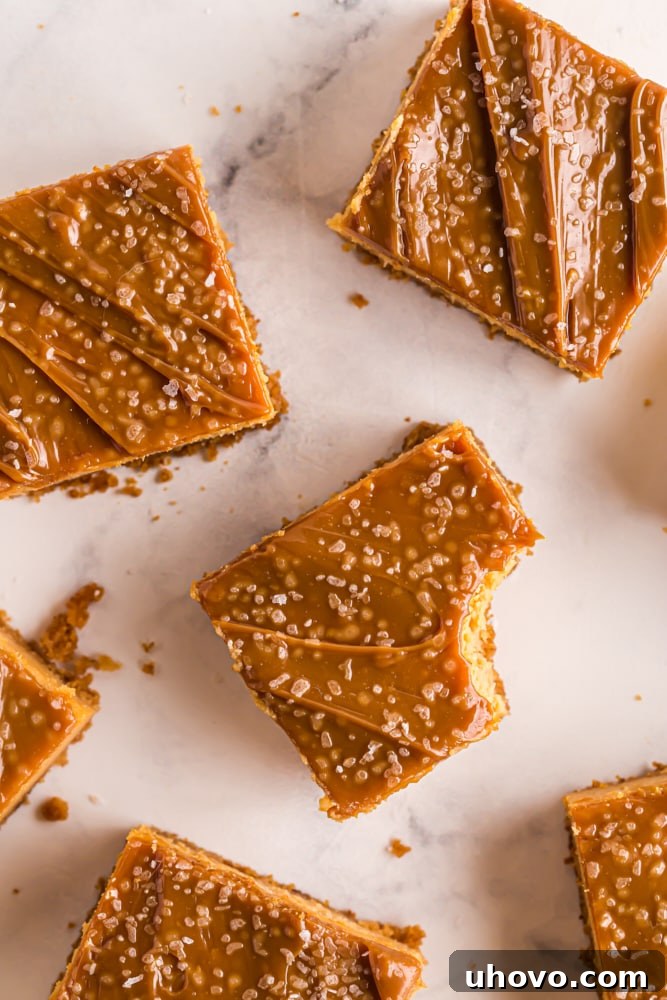 Overhead view of baked Dulce de Leche Cheesecake Bars on a sleek marble surface, ready for slicing.
