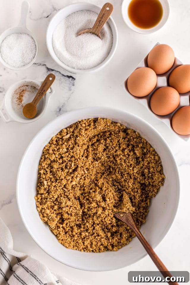 Overhead view of the graham cracker crust mixture in a white mixing bowl, perfectly moistened and ready for pressing.