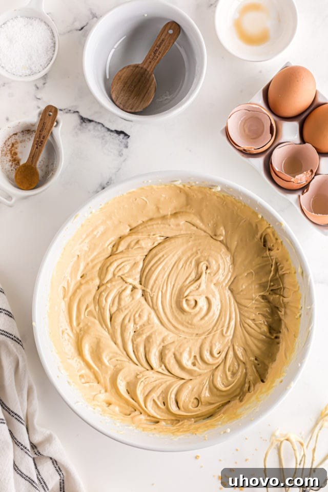 Overhead view of the creamy dulce de leche cheesecake filling in a pristine white mixing bowl, perfectly blended and ready for baking.