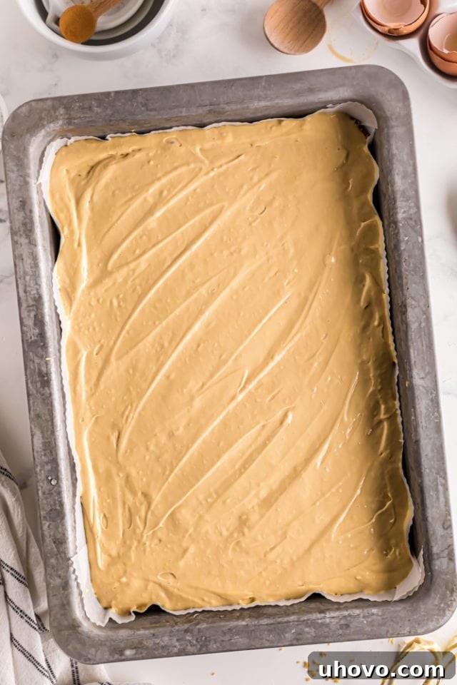 Overhead view of the smooth dulce de leche cheesecake filling evenly spread over the graham cracker crust in a 9x13 baking pan, prepped for the oven.