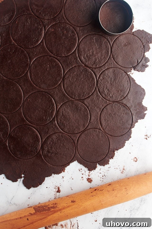 Overhead view of perfectly rolled and uniformly cut chocolate cookie dough circles on a baking sheet, ready for the oven.
