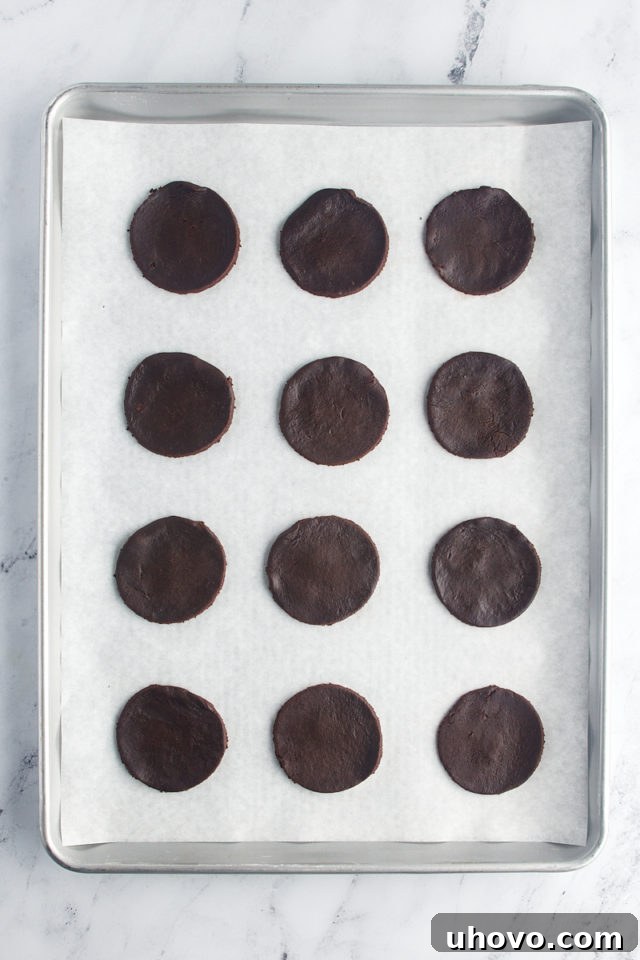 Overhead view of freshly baked chocolate wafer cookies arranged neatly on a parchment-lined baking sheet, golden and crisp.