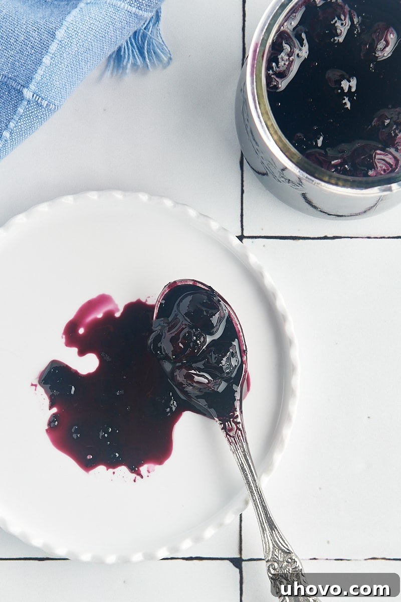 A simple white plate features a small dollop of blueberry compote alongside a spoon, highlighting its texture and vibrant color.