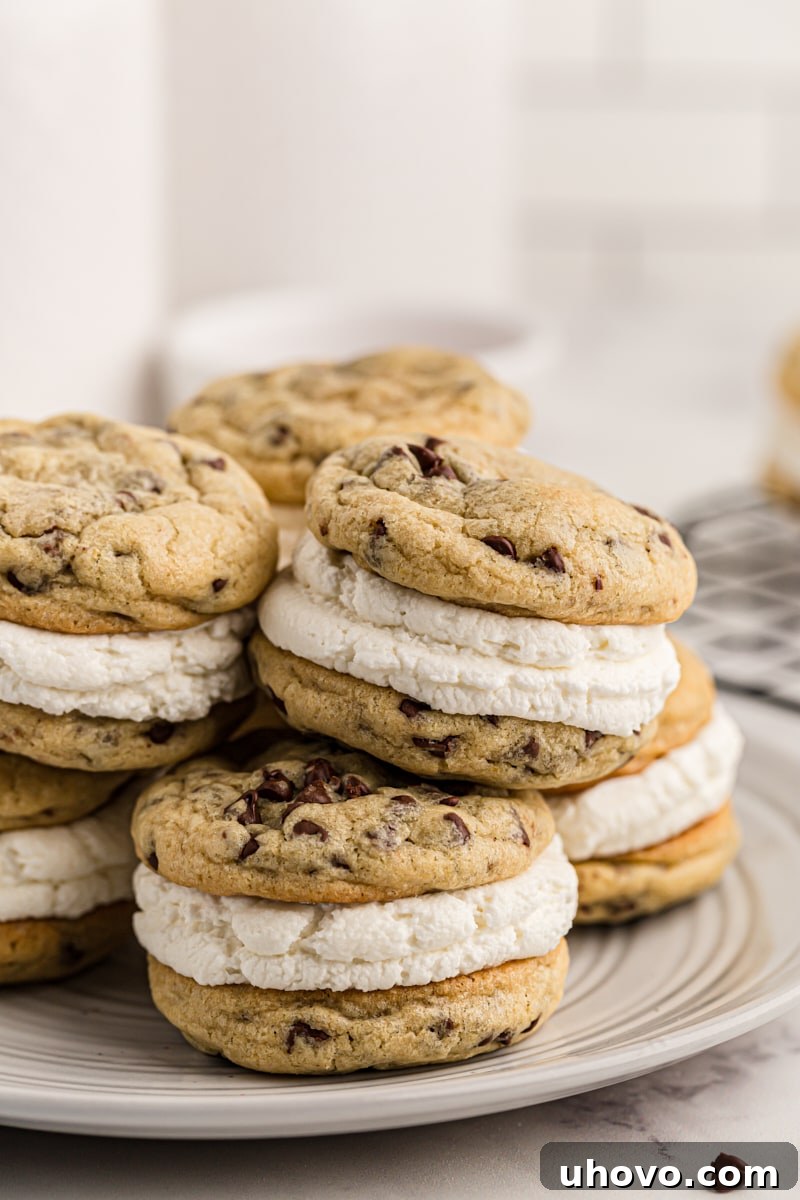 Chocolate Chip Cookie Sandwiches piled on a light gray plate