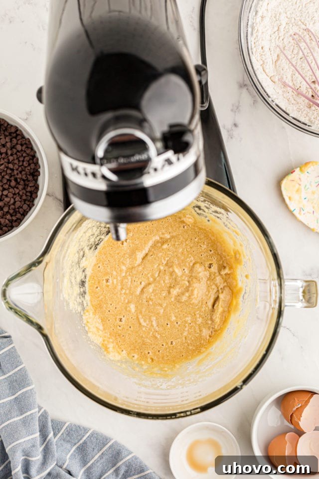 overhead view of mixed wet ingredients for Chocolate Chip Cookie Sandwiches