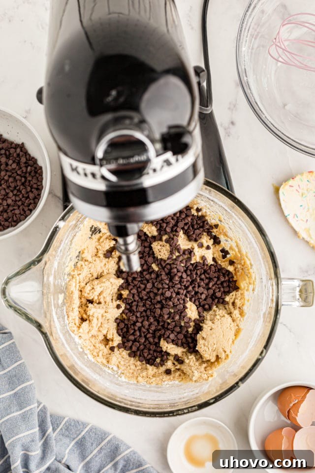 overhead view of chocolate chips added to cookie dough in the bowl of a stand mixer
