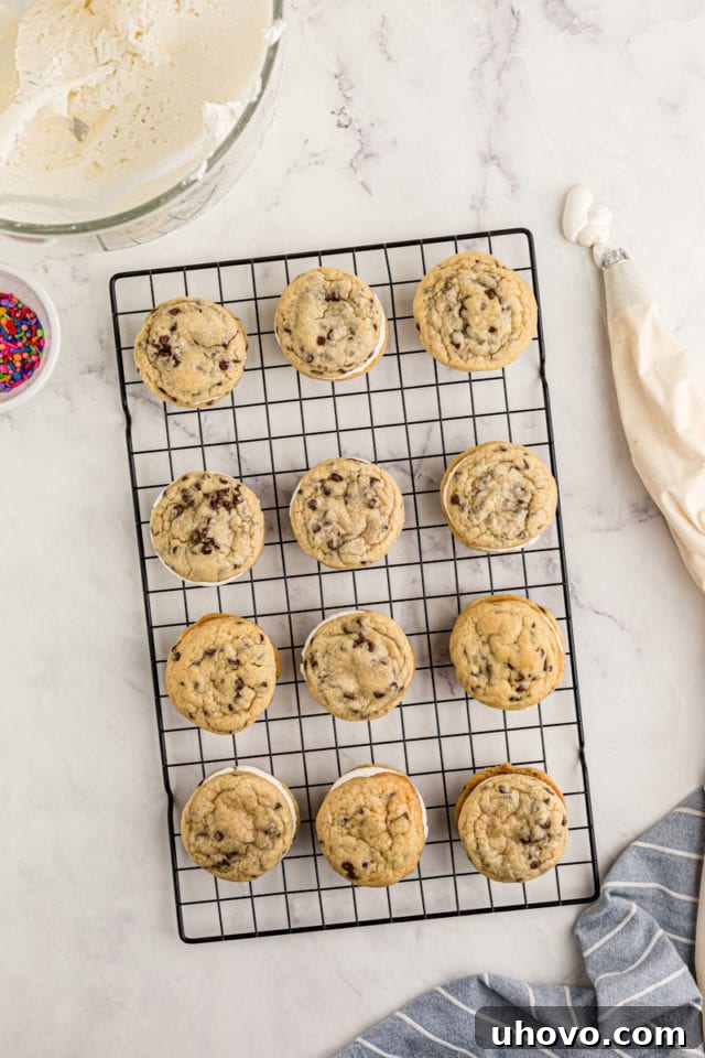 overhead view of assembled Chocolate Chip Cookie Sandwiches on a wire rack