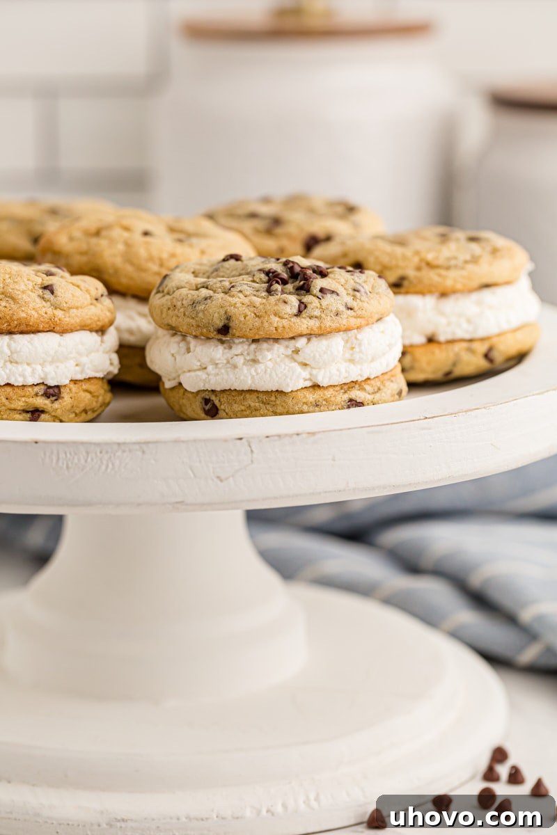 Chocolate Chip Cookie Sandwiches on a white cake stand