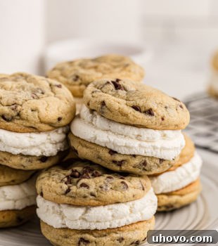 Chocolate Chip Cookie Sandwiches piled on a light gray plate