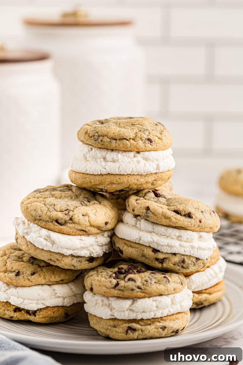 Chocolate Chip Cookie Sandwiches stacked on a light gray plate