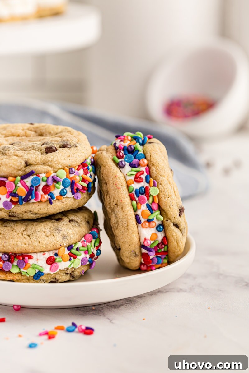 three Chocolate Chip Cookie Sandwiches garnished with sprinkles and served on a gray plate