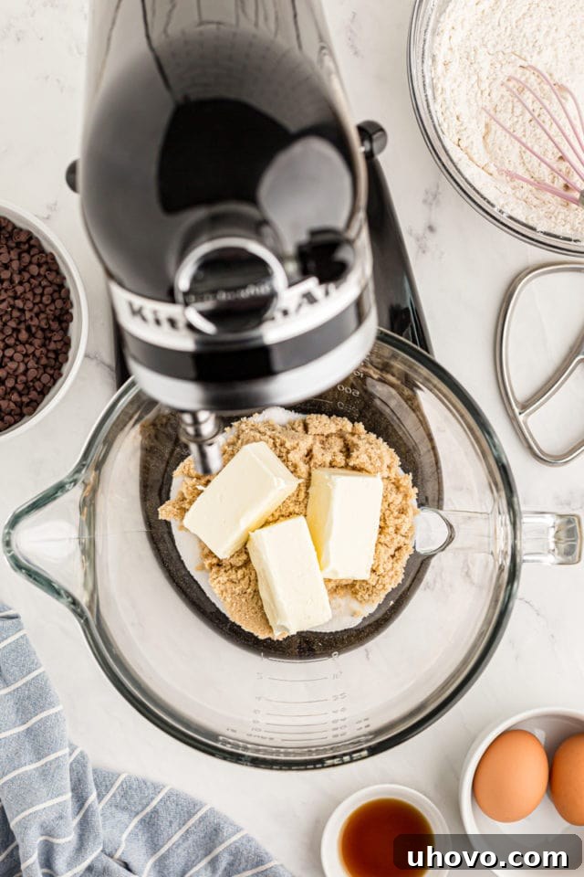 overhead view of butter, brown sugar, and sugar in the bowl of a stand mixer