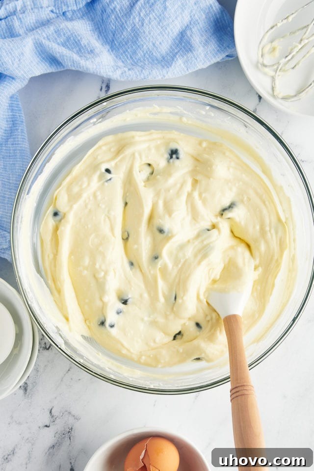 overhead view of mixed blueberry cheesecake batter