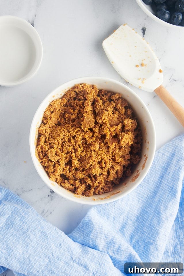 overhead view of mixed graham cracker crumb crust in a white mixing bowl