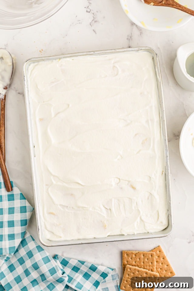 Overhead view of the ungarnished banana split cake in the pan, completely covered with whipped cream, chilling.