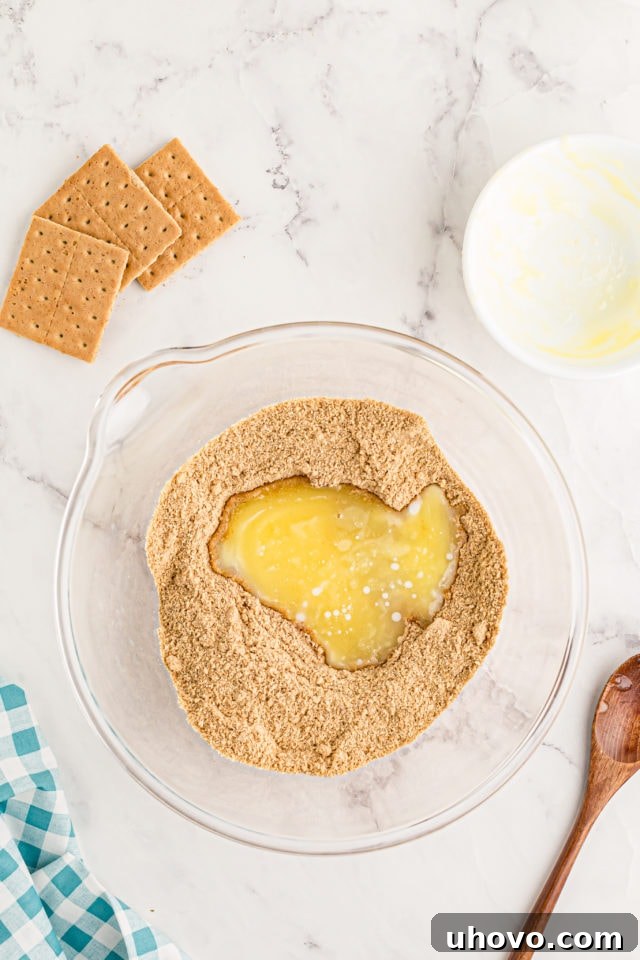 Overhead view of melted butter being poured into the graham cracker crumb and sugar mixture in a bowl.