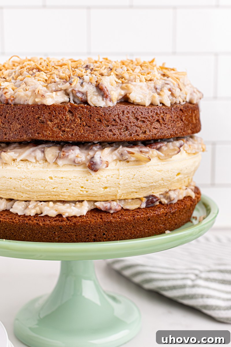 The stunning layered German chocolate cheesecake presented on an elegant cake stand, adorned with toasted coconut, ready to be served.