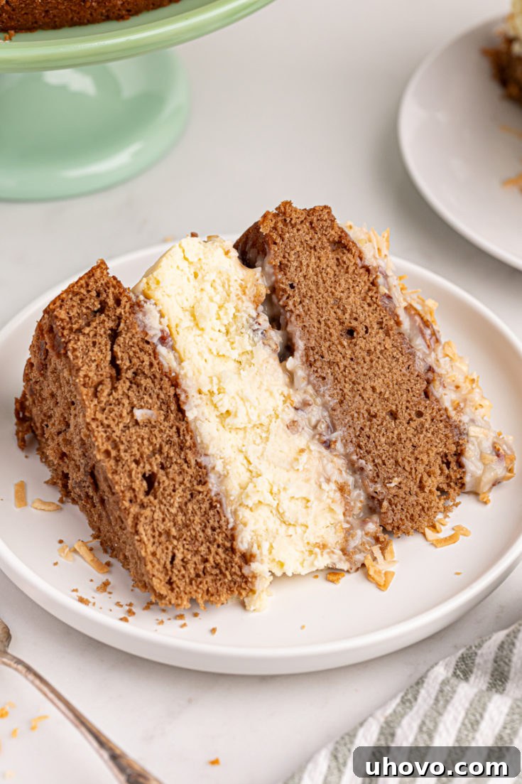 A beautifully presented slice of German chocolate cheesecake on a plate, highlighting its rich layers.
