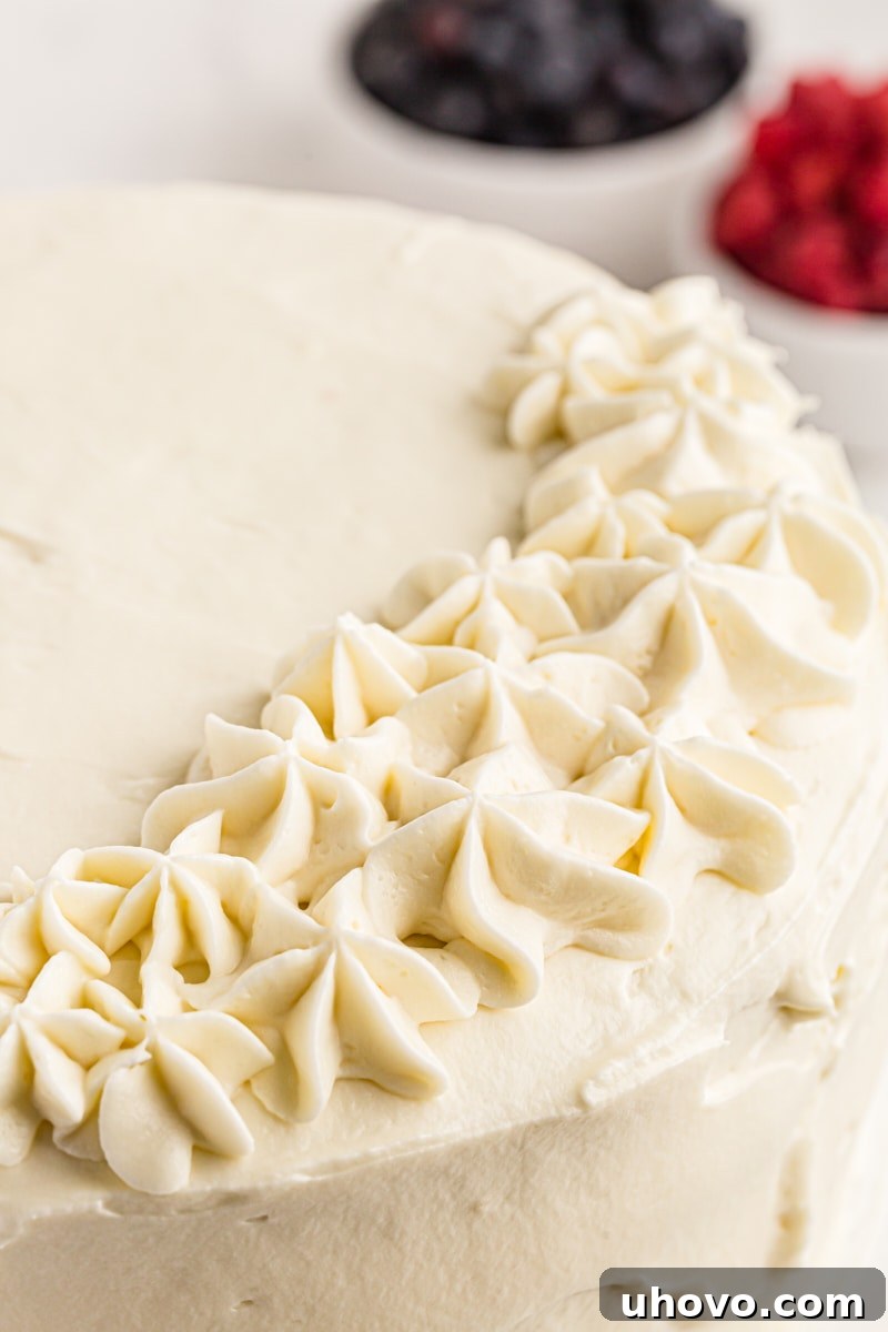 Closeup of chantillly cake with piped stars on side