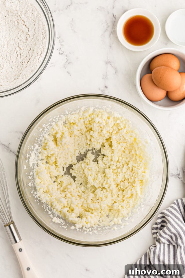 Overhead view of creamed butter and sugar