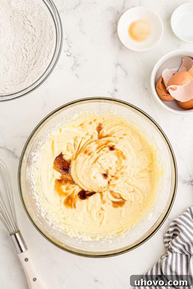 Overhead view of vanilla added to mixing bowl of cake batter