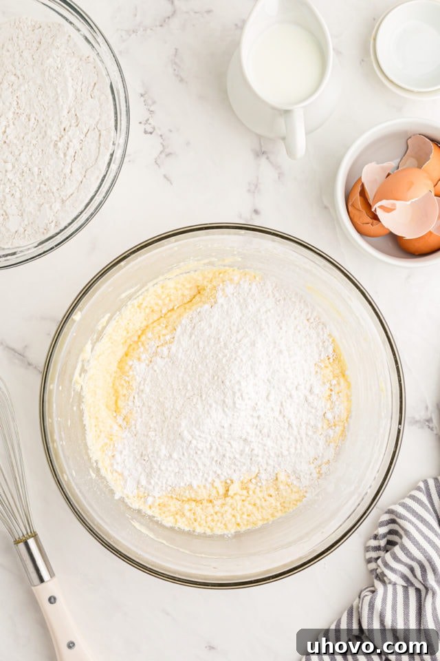 Overhead view of dry ingredients added to wet ingredients for cake