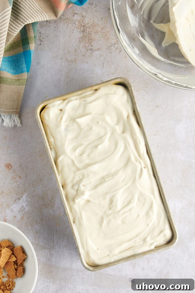 Overhead view of cheesecake ice cream in loaf pan before freezing