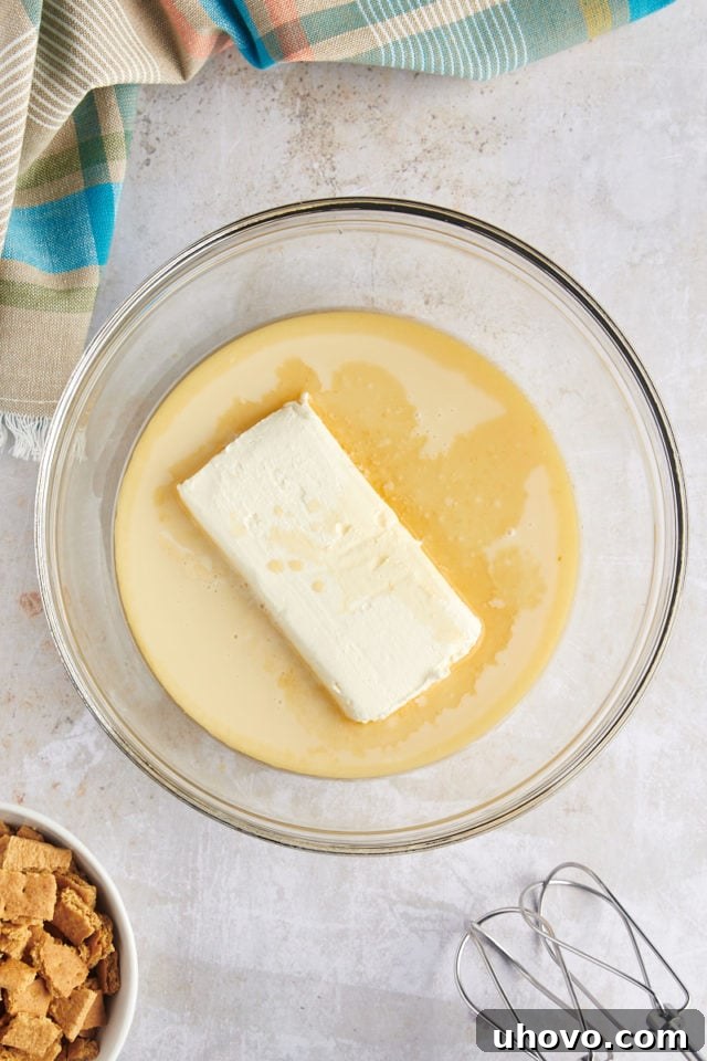Overhead view of cream cheese, condensed milk, and vanilla in mixing bowl