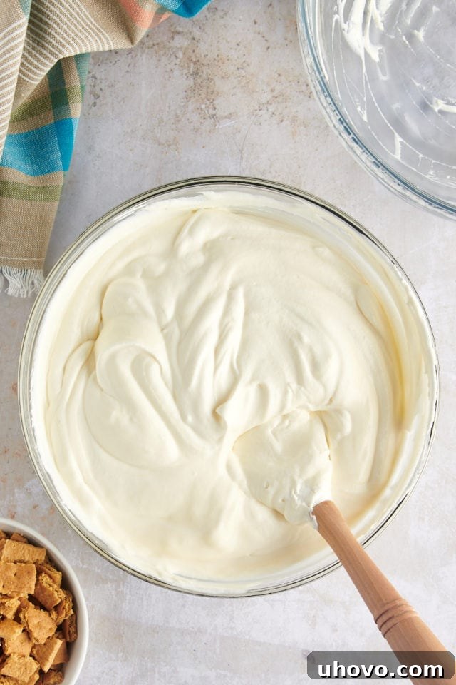 Overhead view of cheesecake ice cream base in mixing bowl