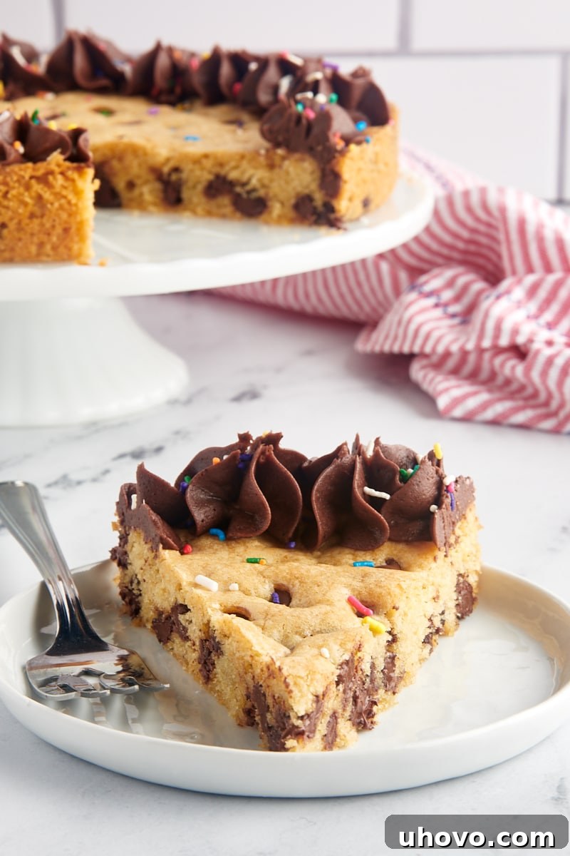 A beautifully decorated slice of chocolate chip cookie cake on a white plate, with the rest of the cake displayed on a white cake stand in the background. It looks soft, chewy, and perfect for any celebration.