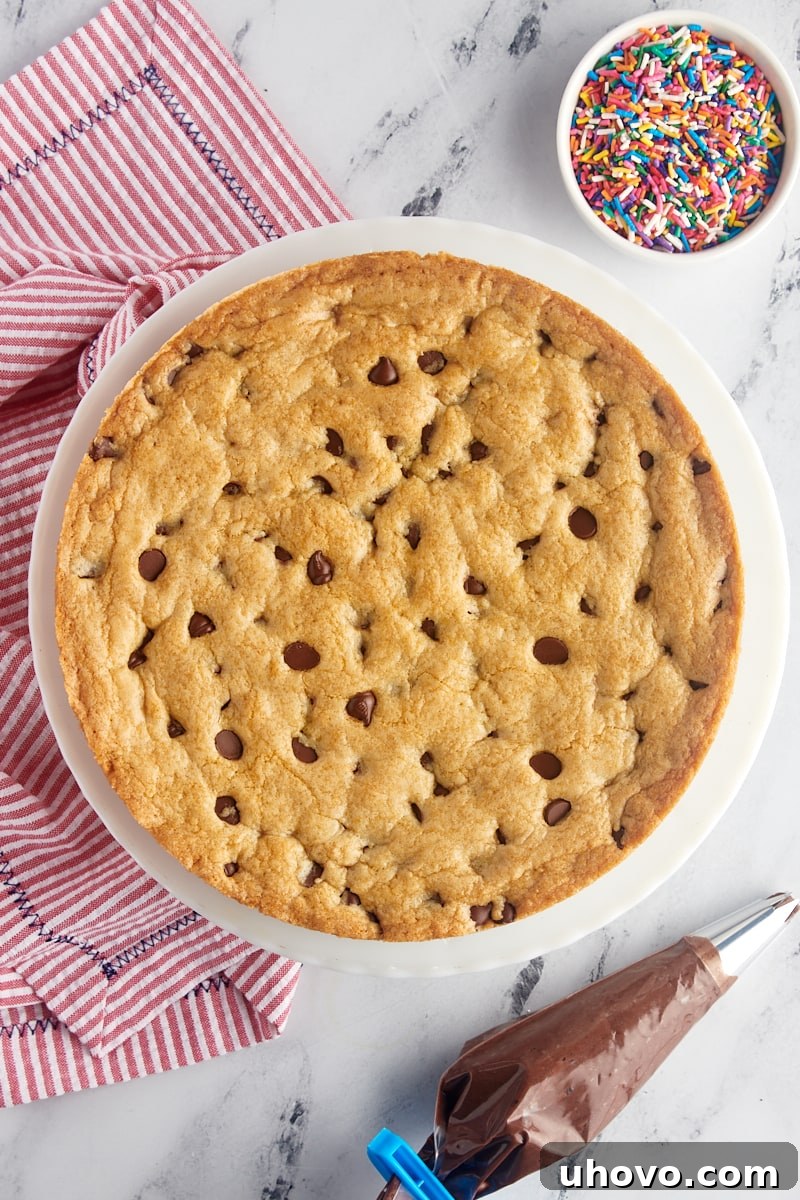 An overhead view of a beautiful chocolate chip cookie cake on a white cake stand, accompanied by a small bowl of rainbow sprinkles and a piping bag filled with chocolate buttercream frosting, ready for decoration.