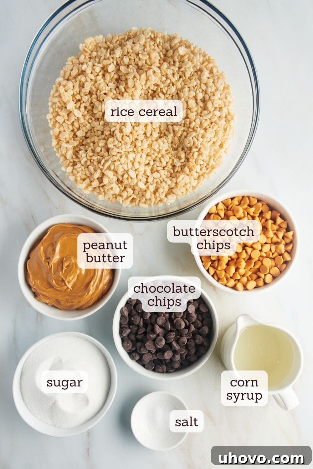 overhead view of labeled ingredients for scotcheroos, neatly arranged