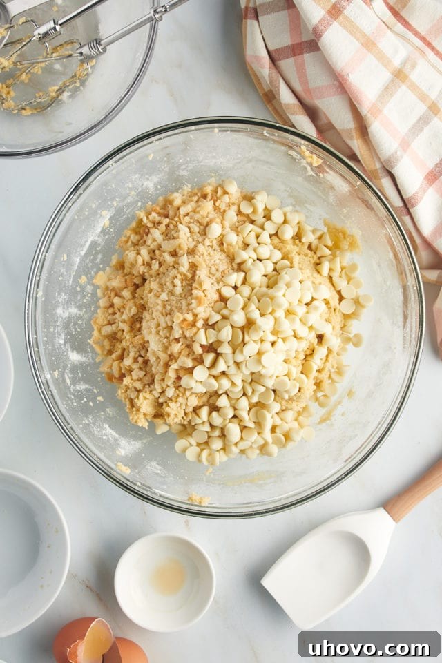 Overhead view of white chocolate chips and coarsely chopped macadamia nuts mixed into a bowl of golden cookie dough, ready for chilling.