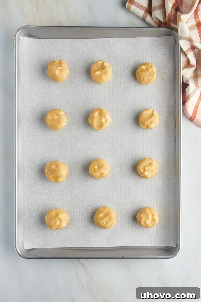 Overhead view of scooped portions of white chocolate macadamia nut cookie dough, slightly flattened, arranged on a baking sheet lined with parchment paper, ready for baking.