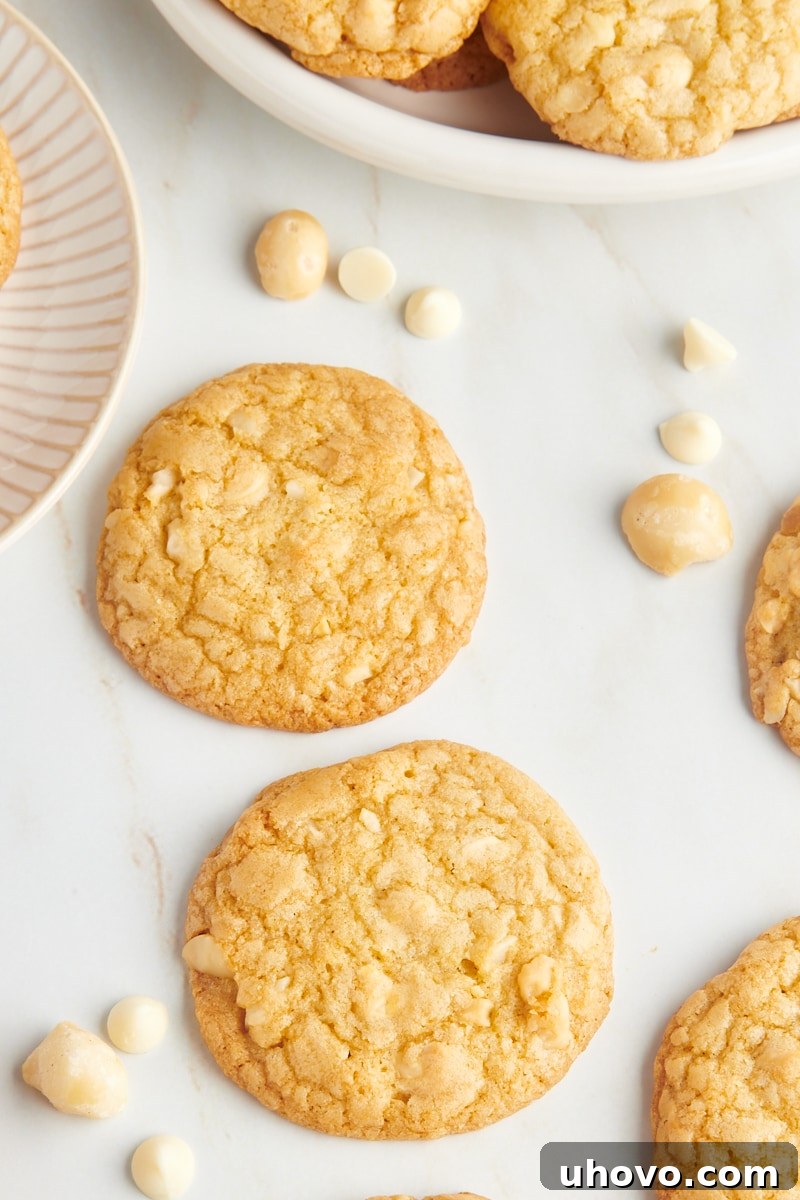 Overhead close-up view of multiple white chocolate macadamia nut cookies, showcasing their inviting texture and generous distribution of white chocolate chunks and macadamia nuts.